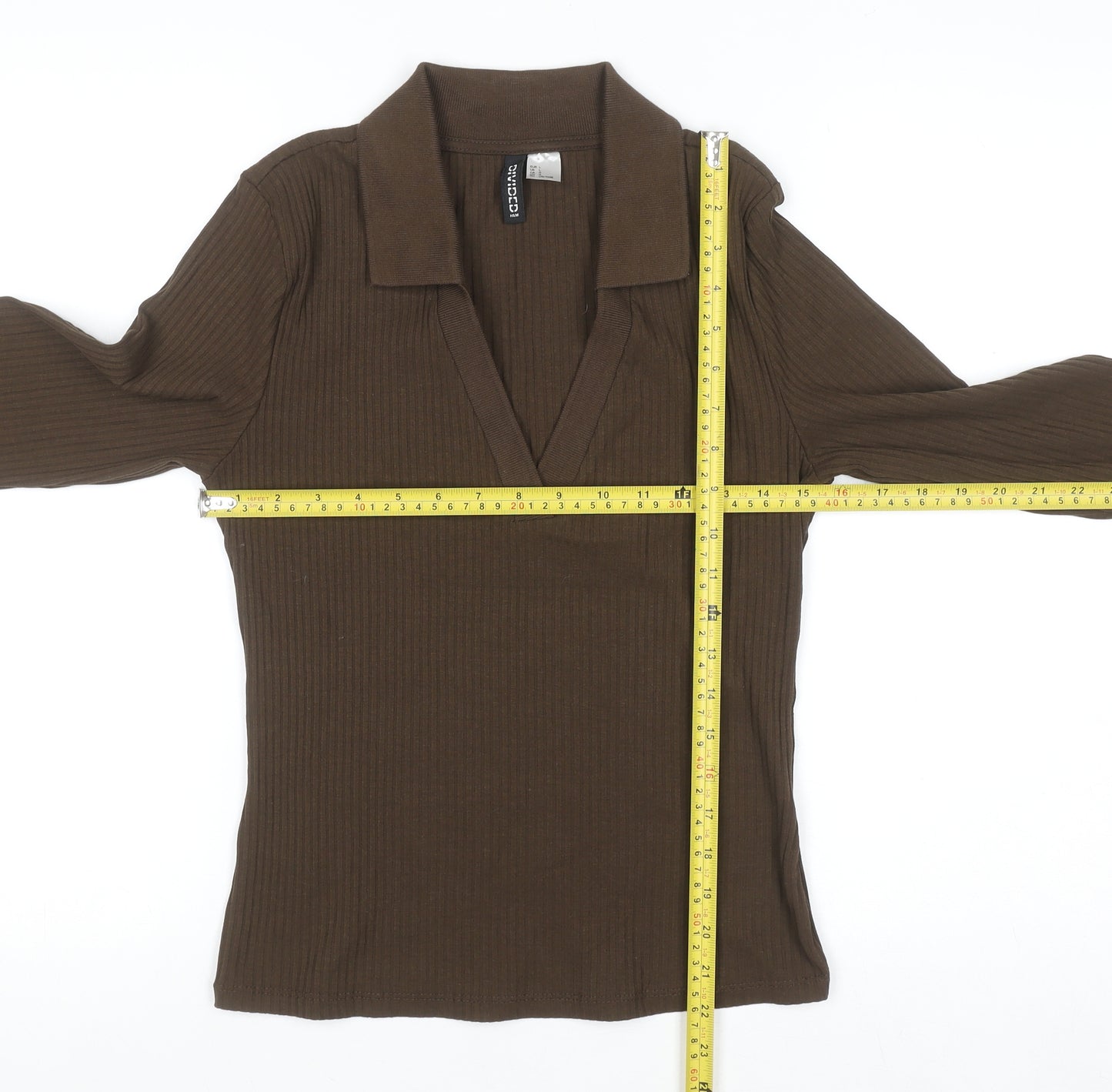 H&M Divided Women’s Brown Ribbed Collared Long Sleeve Top Size L