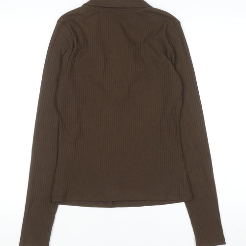 H&M Divided Women’s Brown Ribbed Collared Long Sleeve Top Size L
