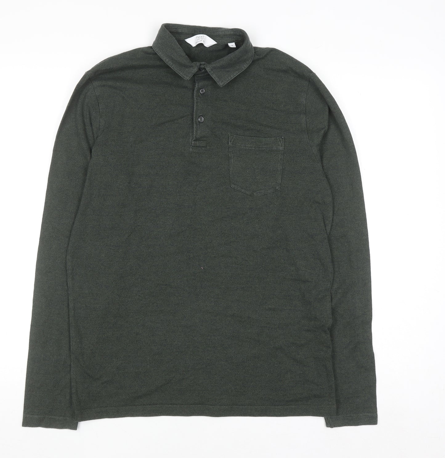 Next Men's Green Regular Fit Long Sleeve Cotton Polo Shirt M