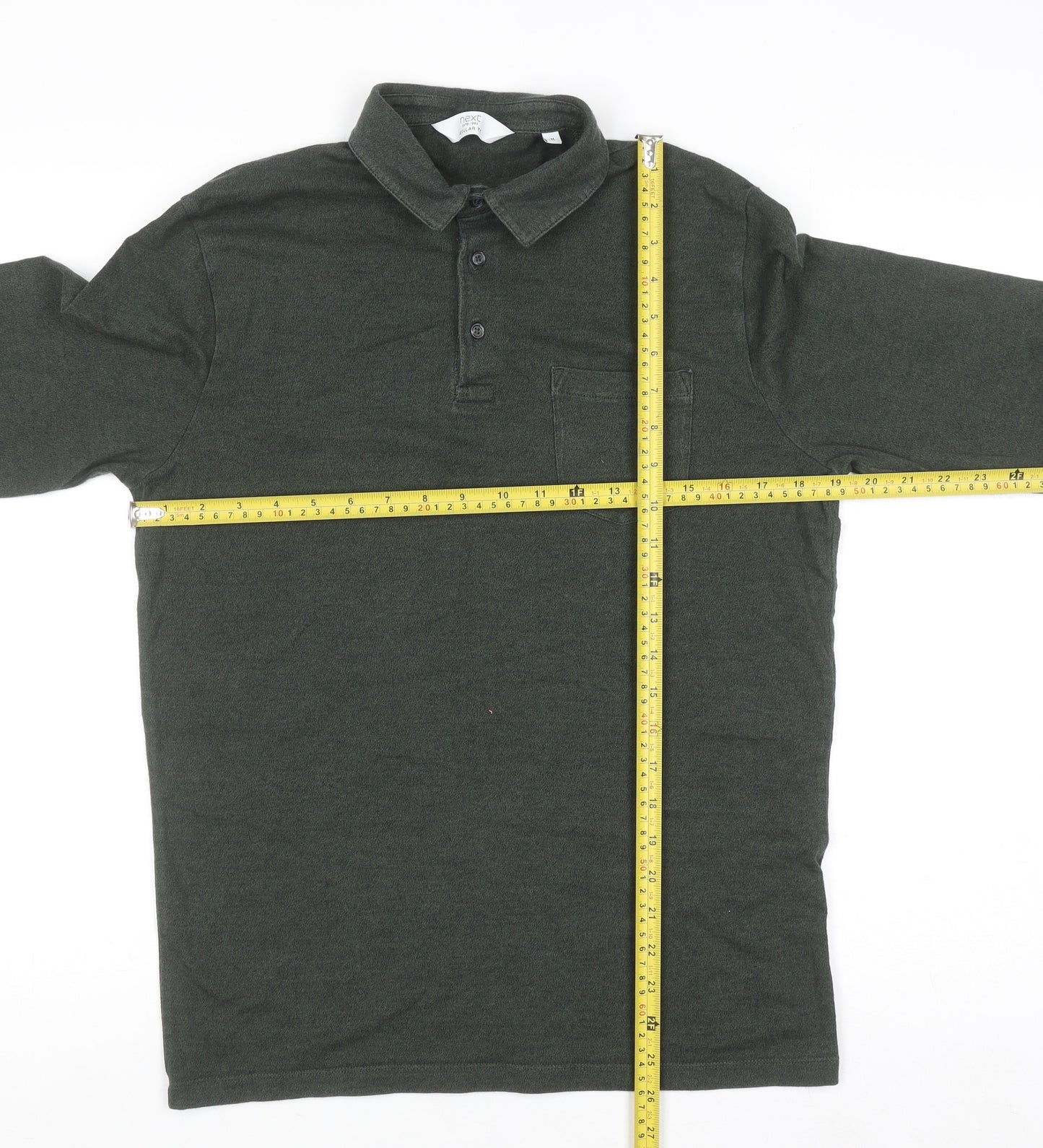Next Men's Green Regular Fit Long Sleeve Cotton Polo Shirt M