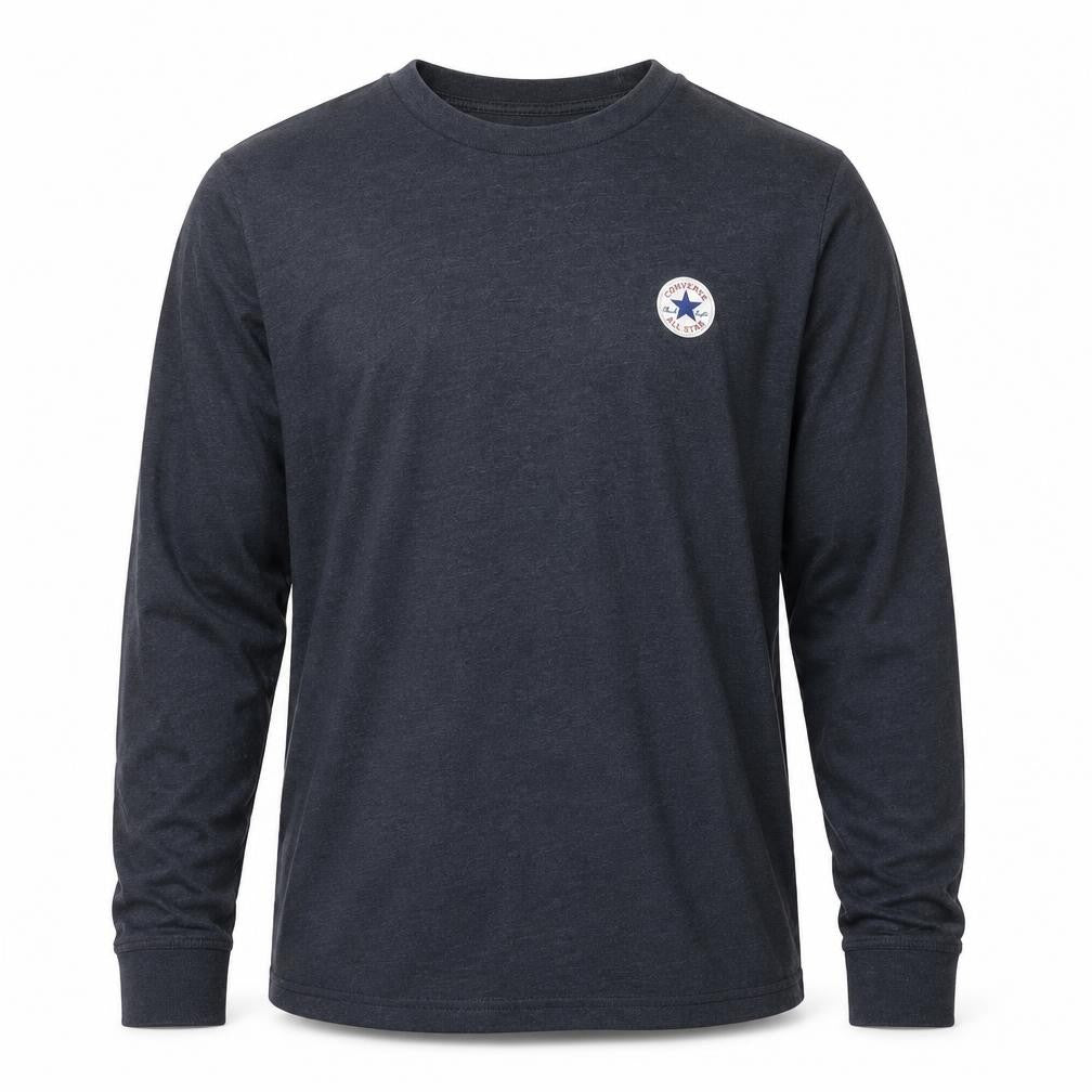 Front view of Converse Men's Blue Long Sleeve Crew Neck Casual Top, size S