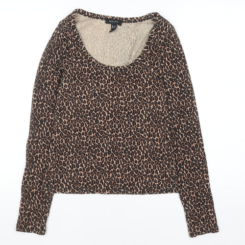 New Look Women Brown Leopard Print Long Sleeve Scoop Neck Top Size 14