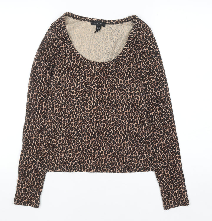 New Look Women Brown Leopard Print Long Sleeve Scoop Neck Top Size 14
