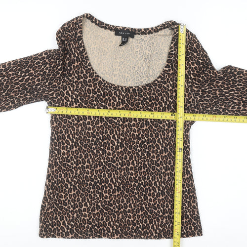 New Look Women Brown Leopard Print Long Sleeve Scoop Neck Top Size 14