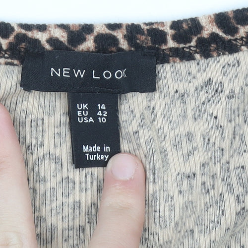 New Look Women Brown Leopard Print Long Sleeve Scoop Neck Top Size 14