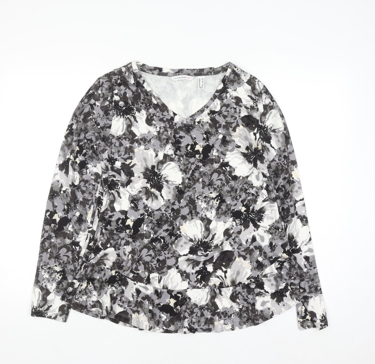Isaac Mizrahi Live Women’s Grey Floral Long Sleeve V-Neck Top Size S