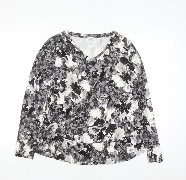 Isaac Mizrahi Live Women’s Grey Floral Long Sleeve V-Neck Top Size S