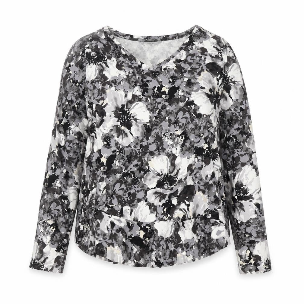Isaac Mizrahi Live Women’s Grey Floral Long Sleeve V-Neck Top Size S