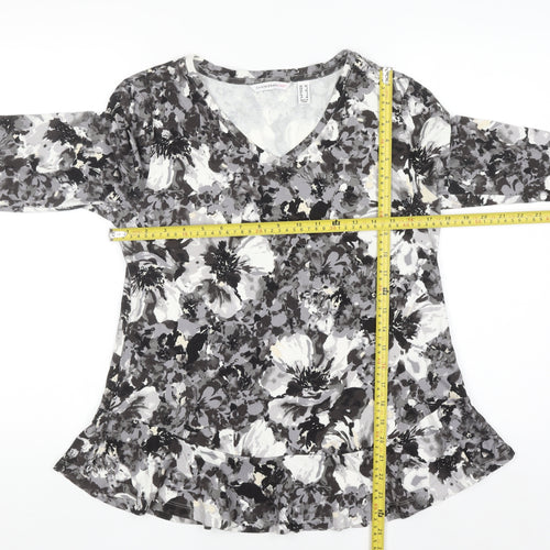 Isaac Mizrahi Live Women’s Grey Floral Long Sleeve V-Neck Top Size S