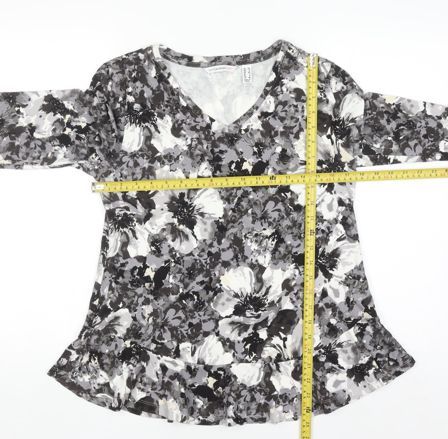 Isaac Mizrahi Live Women’s Grey Floral Long Sleeve V-Neck Top Size S