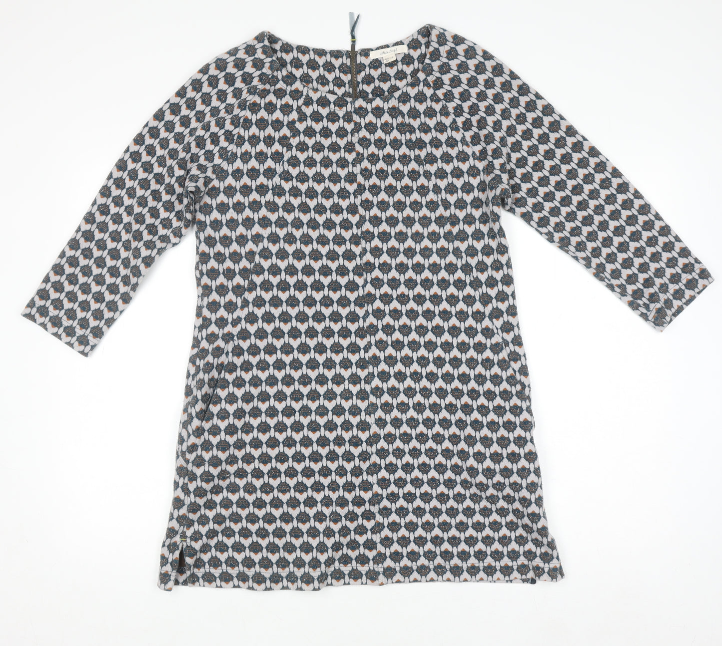 White Stuff Women's Blue Geometric Shift Dress Size 12 3/4 Sleeve