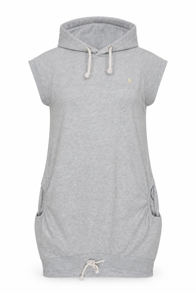 Front view of Fenchurch Women's Grey Short Sleeve Pullover Hoodie Tunic, size S