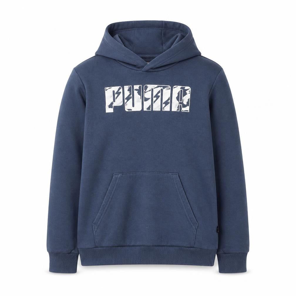 Front view of Puma boys’ blue pullover hoodie 13-14 years graphic print cotton blend