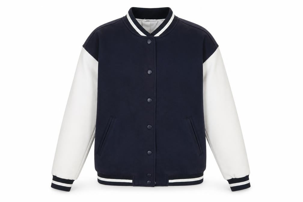 Front view of Zara Men Blue Varsity Jacket, size S, Embroidered Paris Logo