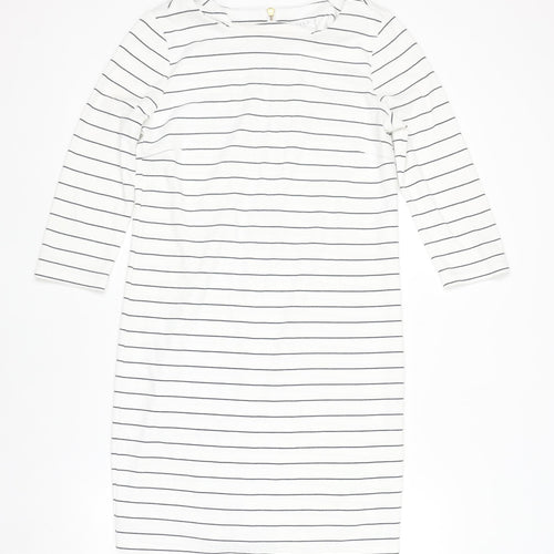 VILA Women White Striped Shift Dress S 3/4 Sleeve Boat Neck