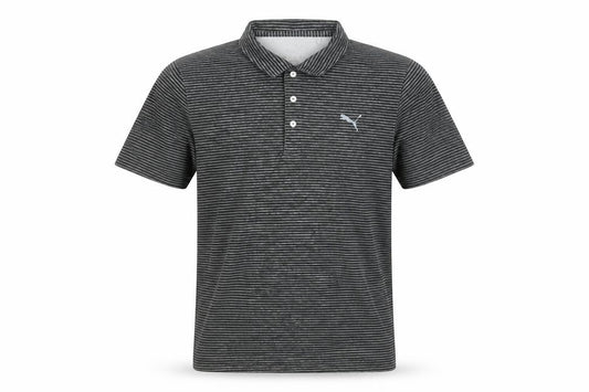 Front view of Puma Men’s Grey Striped Polo Shirt, size S, Regular Fit