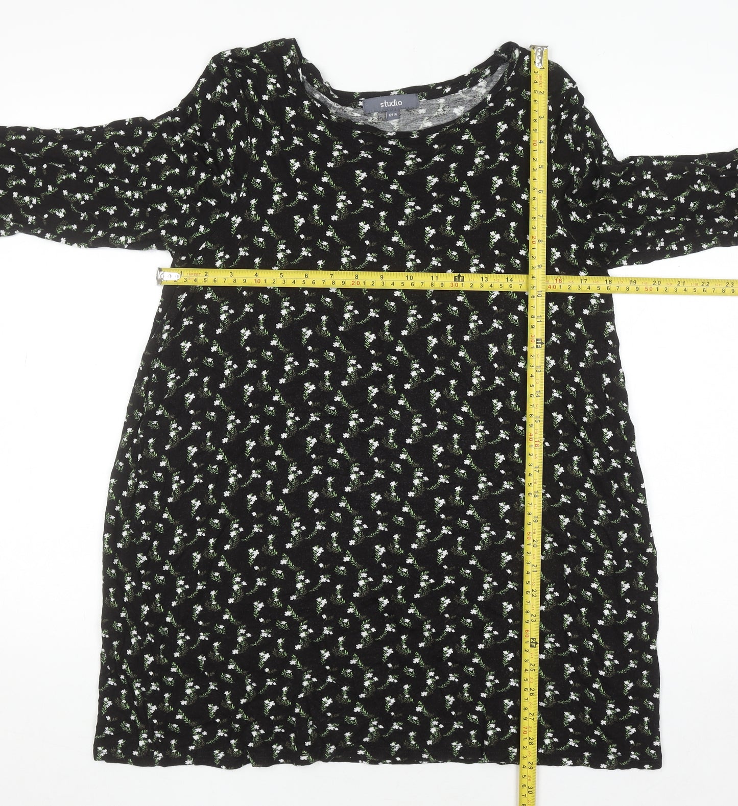 Studio Women’s Black Floral 3/4 Sleeve Tunic Top Size 12/14