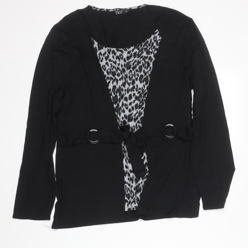 TIGI Womens Black Animal Print Wrap Blouse Size 14/16 Long Sleeve