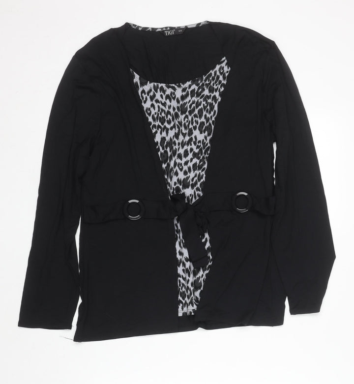 TIGI Womens Black Animal Print Wrap Blouse Size 14/16 Long Sleeve