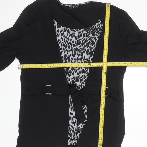 TIGI Womens Black Animal Print Wrap Blouse Size 14/16 Long Sleeve