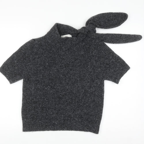 Marks and Spencer Women's Grey Wool Blend Bow Neck Short Sleeve Top Size S