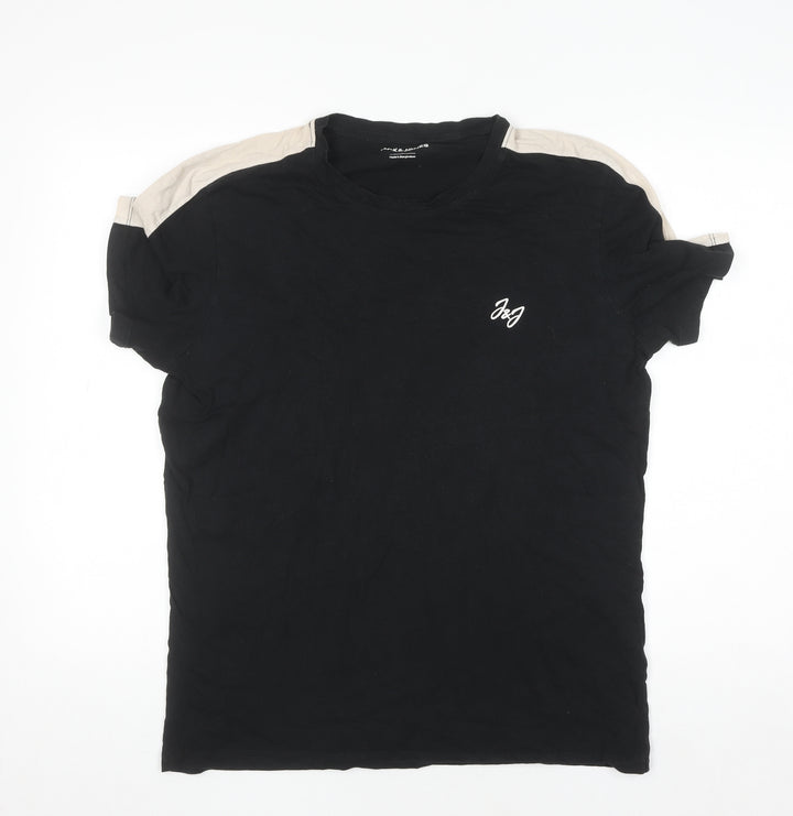 Jack & Jones Men's Black Beige Crew Neck Short Sleeve T-Shirt L