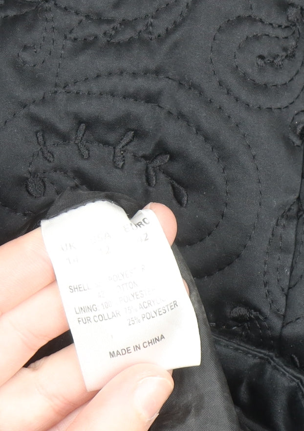 Kookai Women’s Black Quilted Long Coat Size 14 Elegant Overcoat