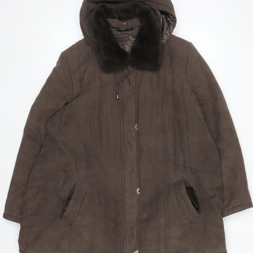 Bm Women Brown Hooded Long Parka Coat L Faux Fur Trim Polyester