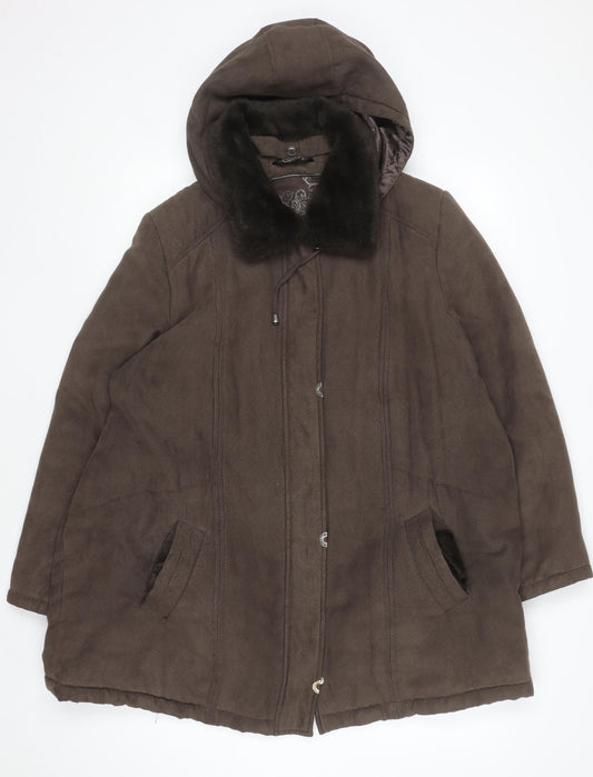 Bm Women Brown Hooded Long Parka Coat L Faux Fur Trim Polyester