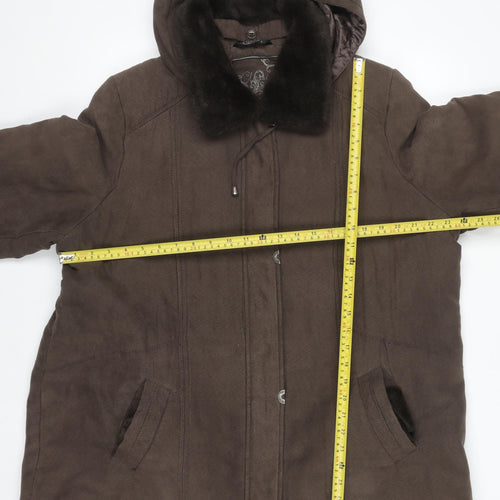 Bm Women Brown Hooded Long Parka Coat L Faux Fur Trim Polyester