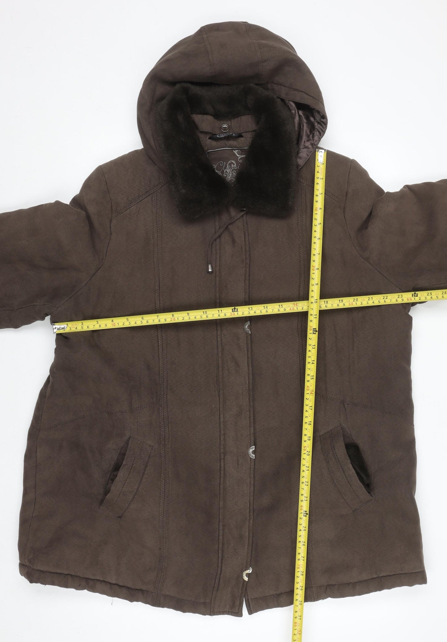 Bm Women Brown Hooded Long Parka Coat L Faux Fur Trim Polyester