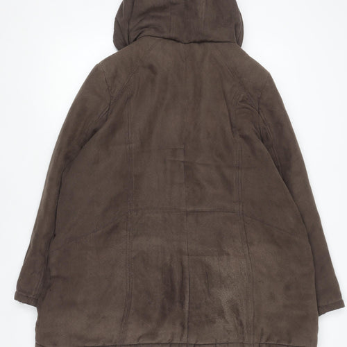 Bm Women Brown Hooded Long Parka Coat L Faux Fur Trim Polyester