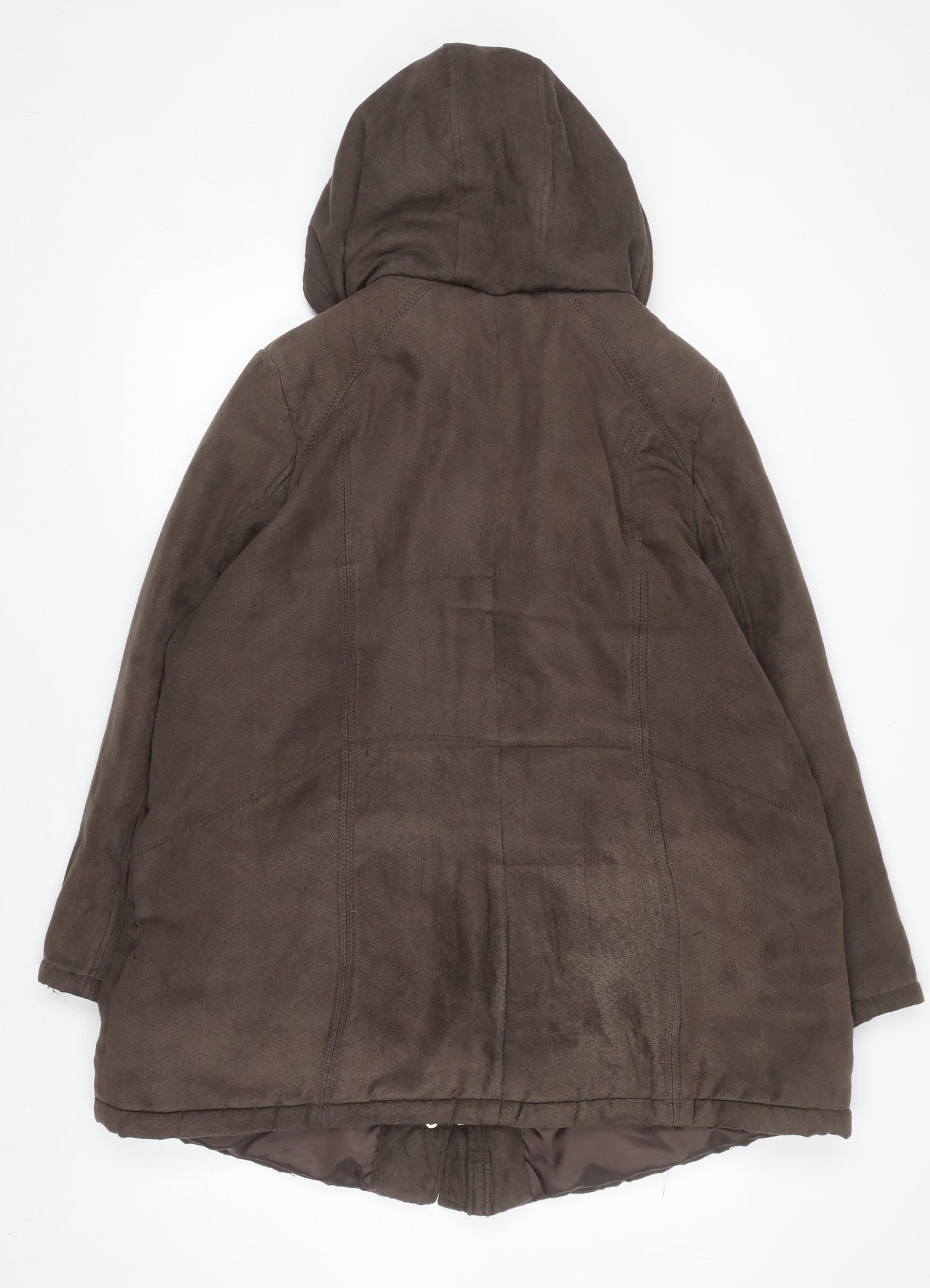Bm Women Brown Hooded Long Parka Coat L Faux Fur Trim Polyester