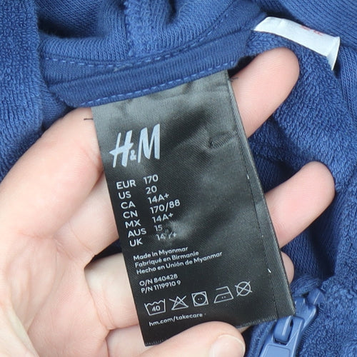 H&M Boys Blue Full Zip Hoodie Jacket Size 14 Long Sleeve Fleece Cotton Blend