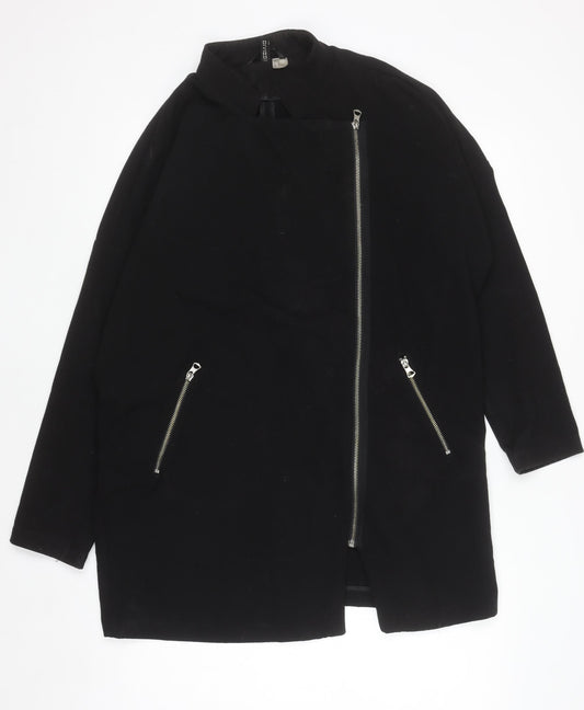 H&M Divided Women’s Black Mid-Length Zip Overcoat Size 14