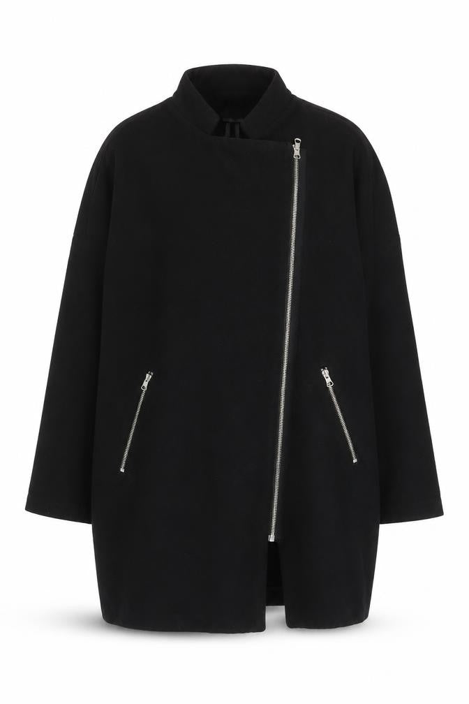 Front view of H&M Divided Women’s Black Mid-Length Zip Overcoat, size UK 14