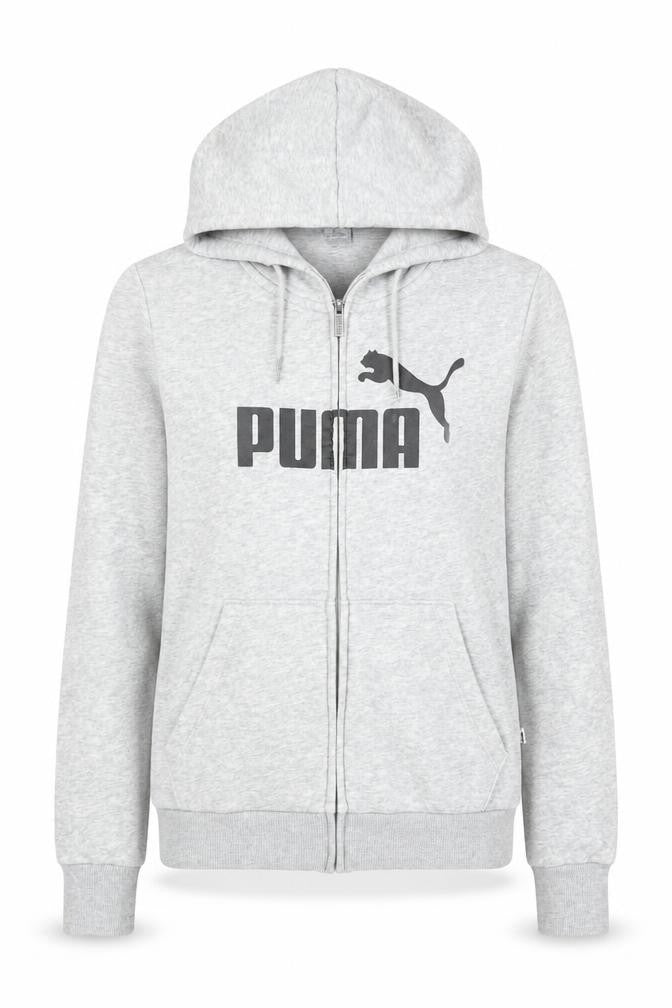 Front view of Puma women’s grey full zip hoodie, size UK 8, cotton blend
