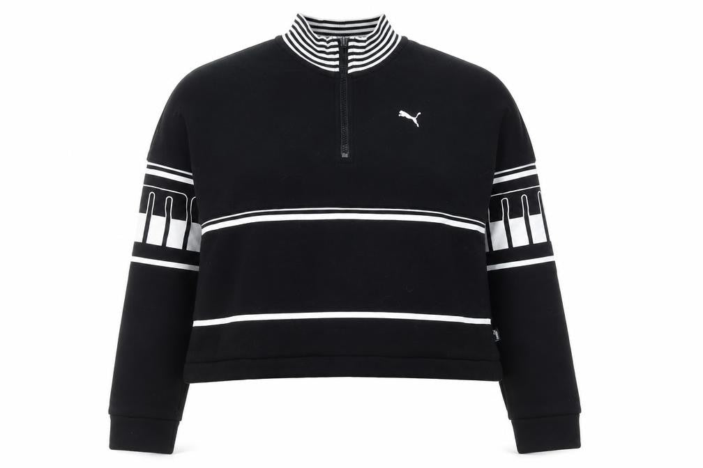 Front view of Puma Women's Black 1/4 Zip Sweatshirt, size 8, Striped Mock Neck