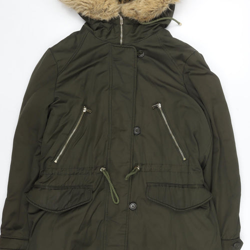 Zara Women Green Fur Hooded Parka Coat Size 14 Winter Lined