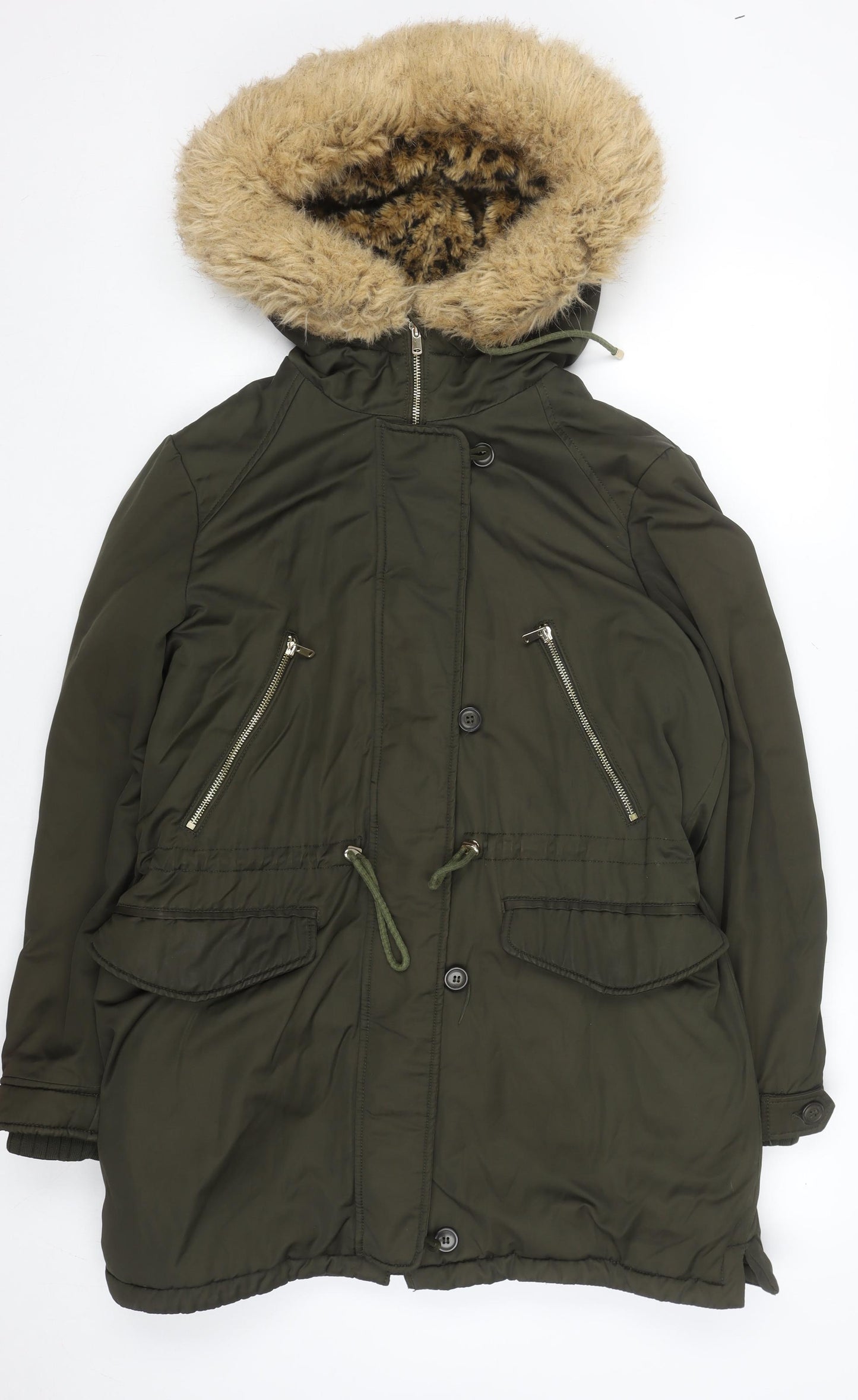 Zara Women Green Fur Hooded Parka Coat Size 14 Winter Lined