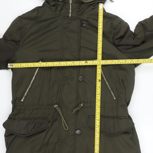 Zara Women Green Fur Hooded Parka Coat Size 14 Winter Lined