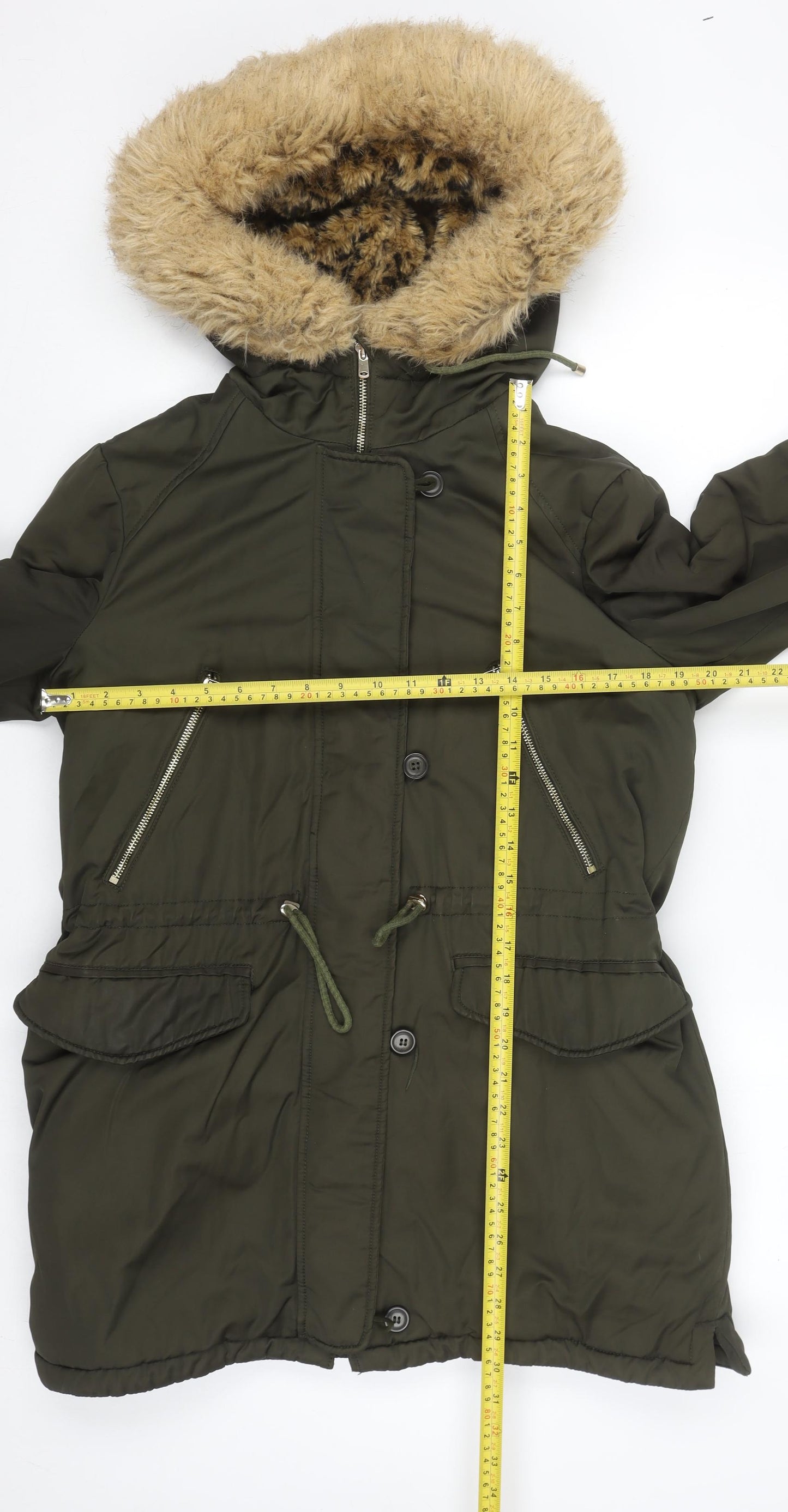Zara Women Green Fur Hooded Parka Coat Size 14 Winter Lined