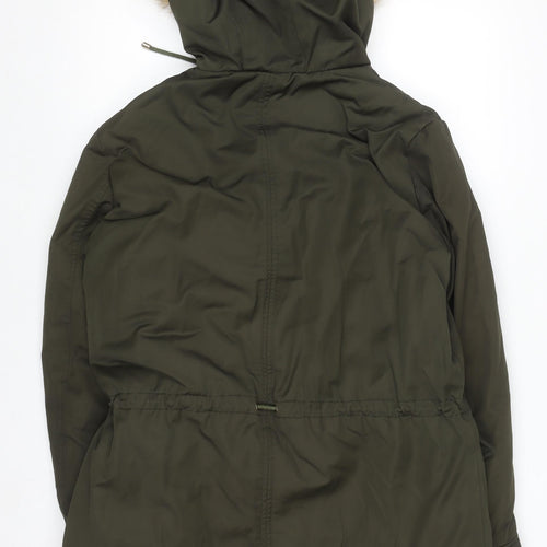 Zara Women Green Fur Hooded Parka Coat Size 14 Winter Lined