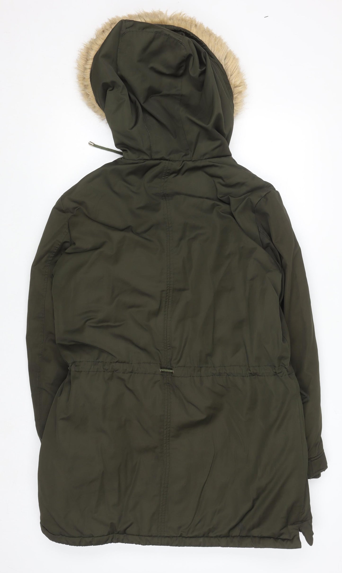 Zara Women Green Fur Hooded Parka Coat Size 14 Winter Lined