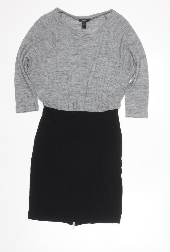 Mango Women Grey Black Sheath Dress Size 12 Knit Colourblock Zip