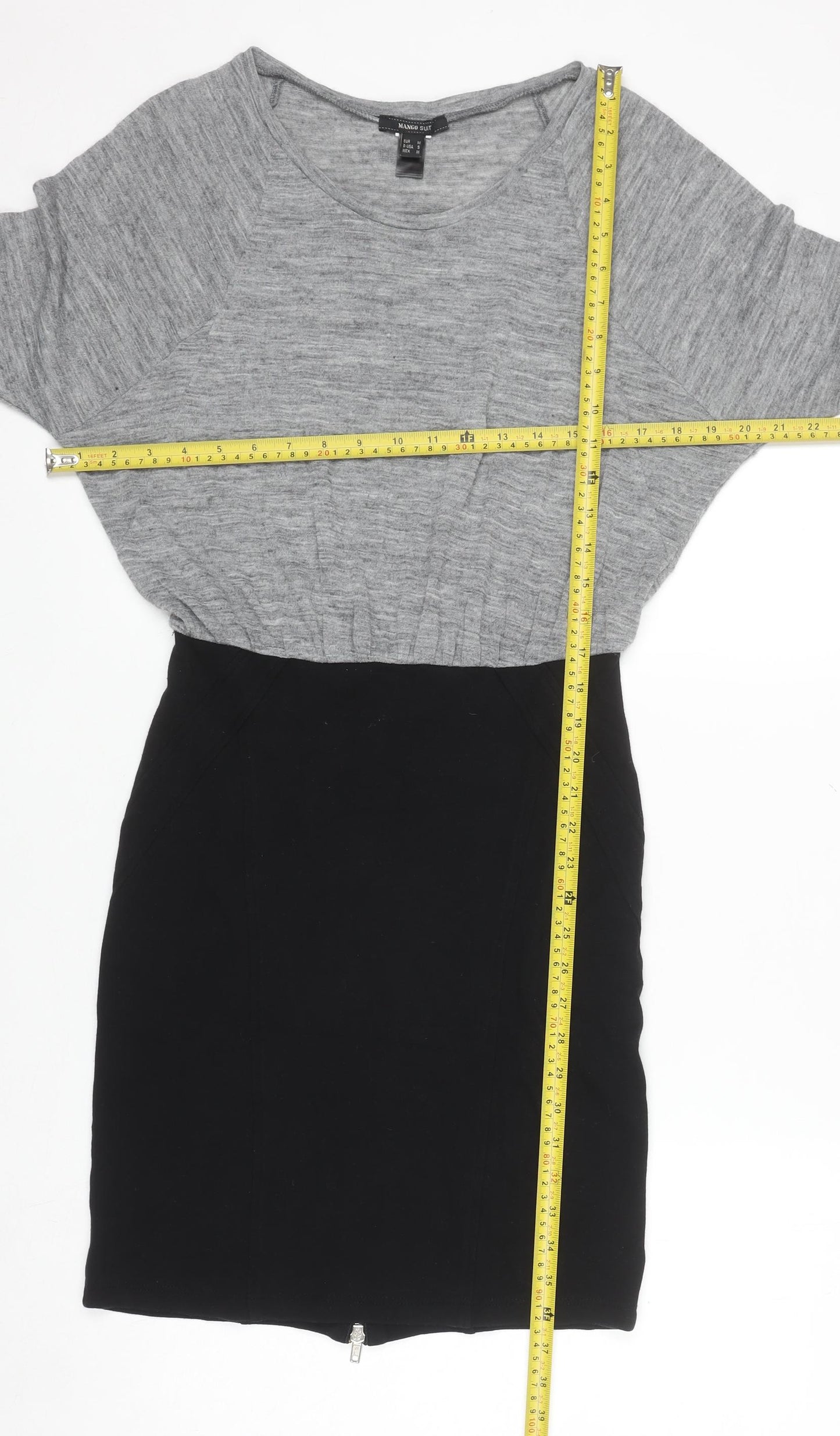 Mango Women Grey Black Sheath Dress Size 12 Knit Colourblock Zip