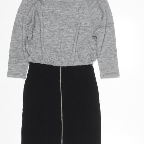 Mango Women Grey Black Sheath Dress Size 12 Knit Colourblock Zip