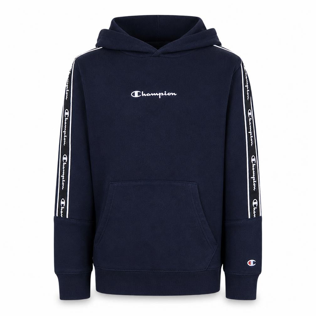 Front view of Champion boys’ navy logo tape pullover hoodie, size 11-12, years