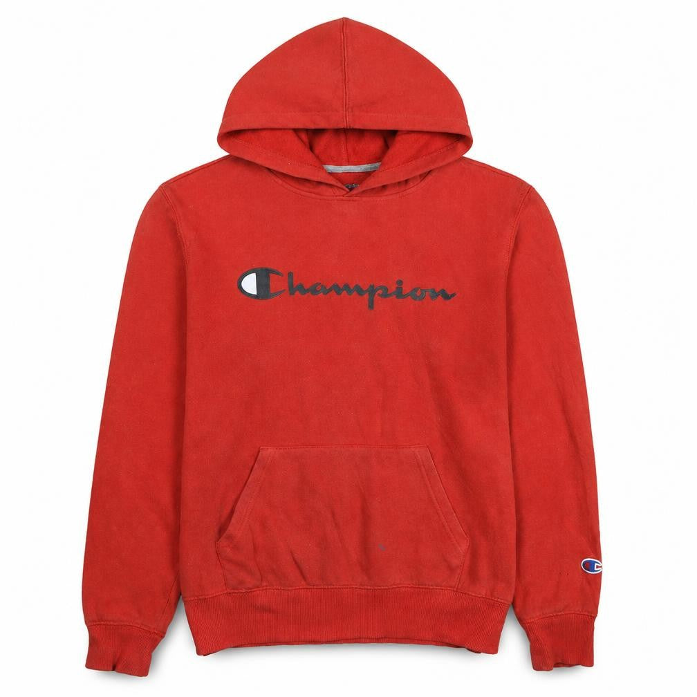 Front view of Champion women’s red pullover hoodie l logo print casual sweatshirt