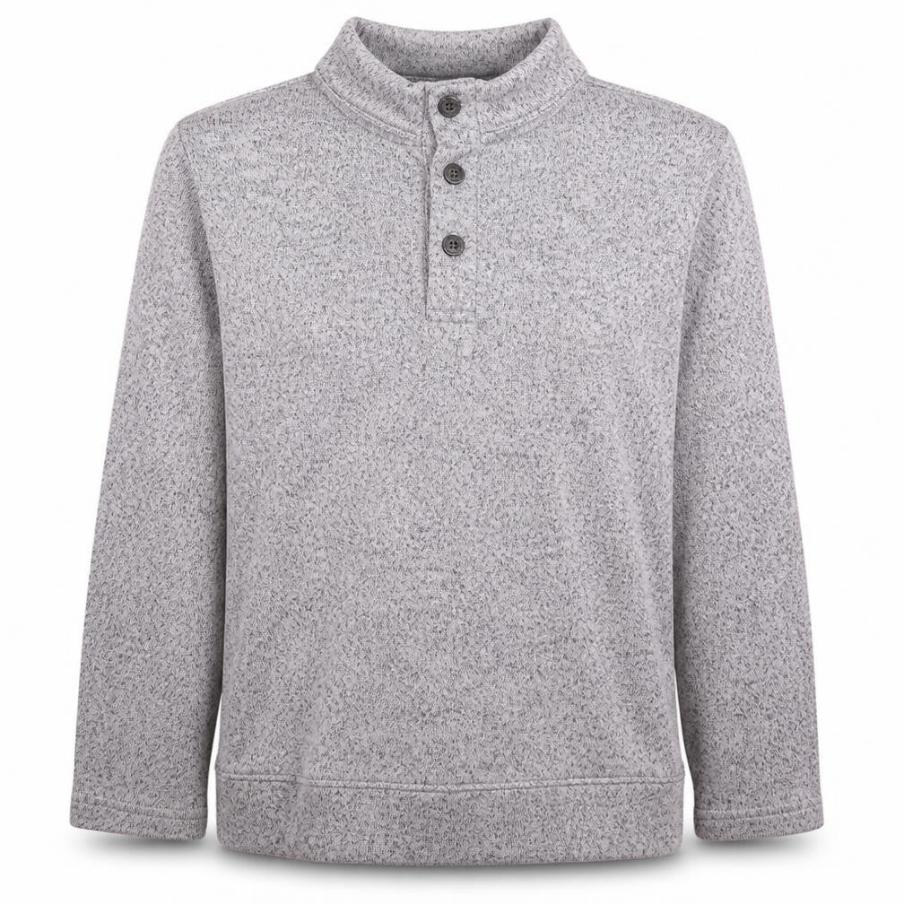 Front view of Champion men’s grey henley sweatshirt l collared knit
